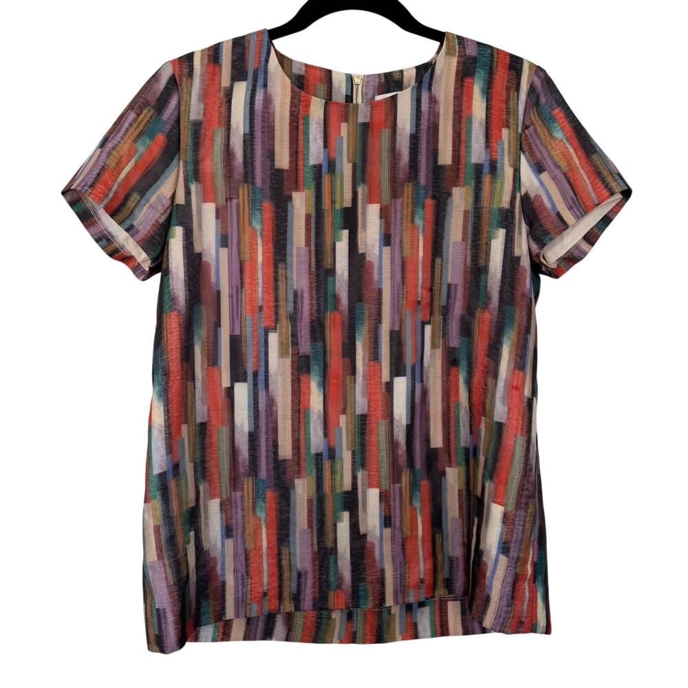 Gerard Darel 42 Multicolor Abstract Geometric Print Short Sleeve Blouse Top